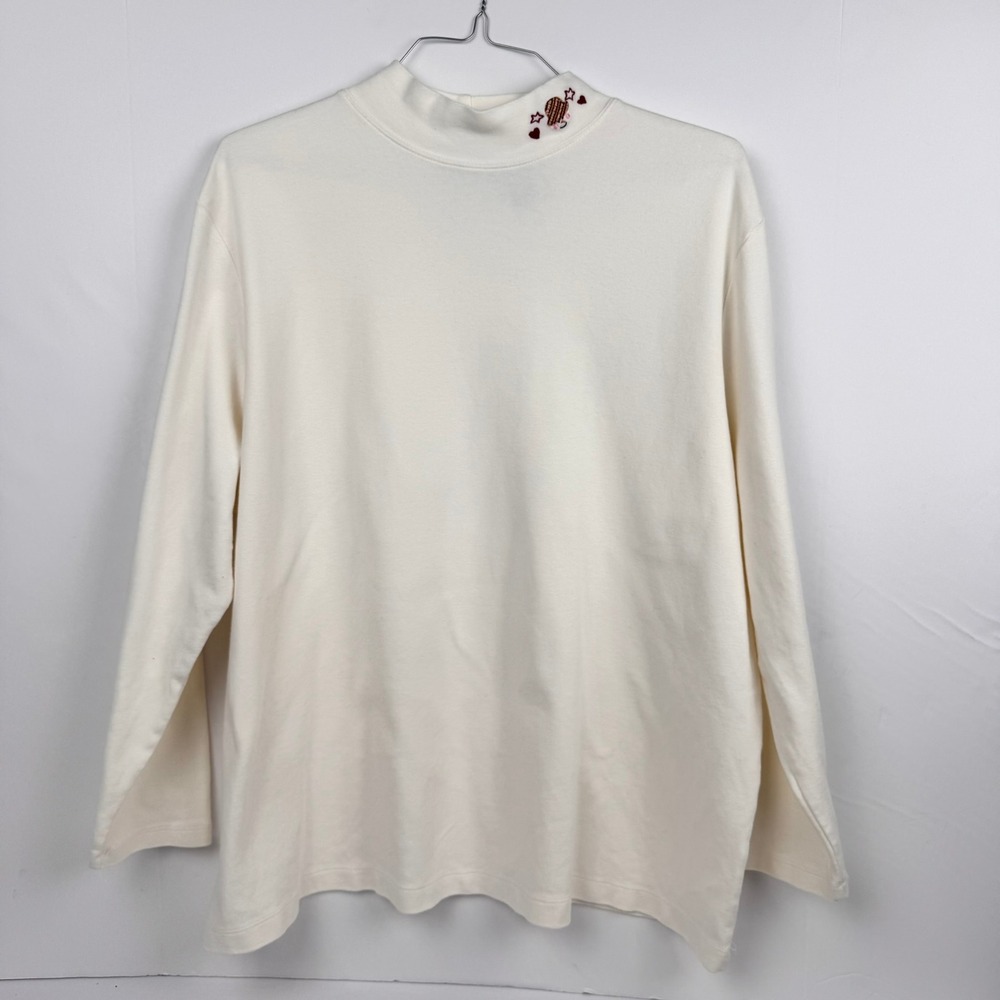 Liz &‎ Me Cream Snowman Mock Neck Long Sleeve Cotton Top Women 2X